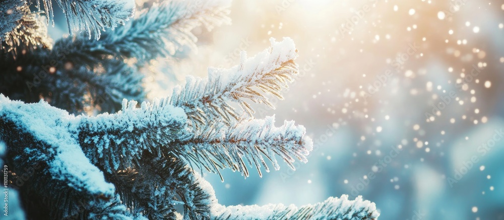 Poster sparkling snow-covered christmas tree branches glistening in the winter sunlight with magical fallin