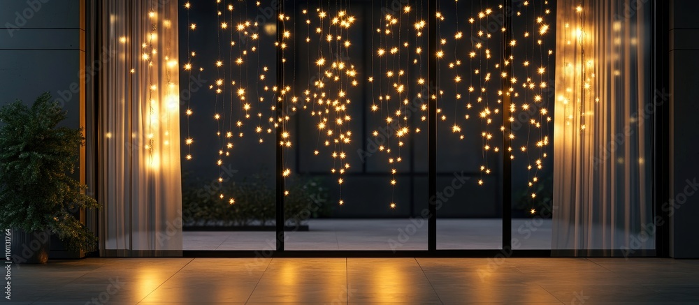 Poster atmospheric evening with glowing string lights suspended in a window creating an enchanting ambiance