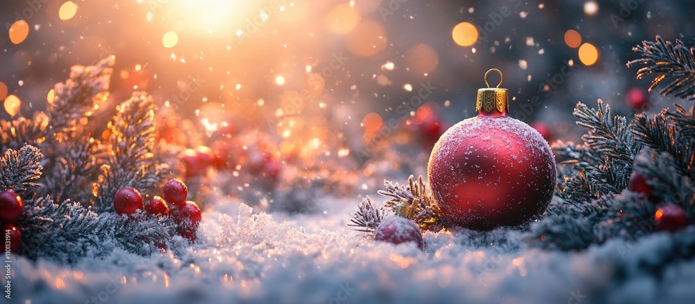 Aufkleber sparkling christmas decoration with a red ornament and festive elements on a snowy background illumi