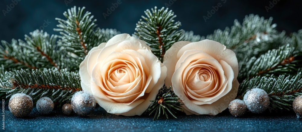 Poster festive greeting card design with snowy fir tree branches and elegant white roses for new year and c