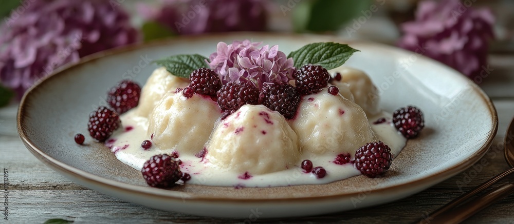 Poster blueberry and wild strawberry dumplings served with sour cream garnished with hydrangea flowers on a