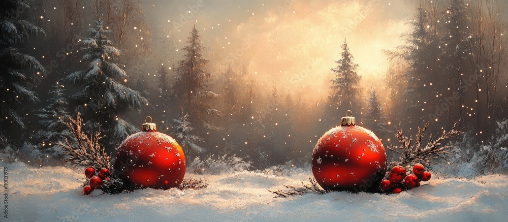 Poster winter landscape with red ornaments and snow-covered trees creating a festive atmosphere for christm