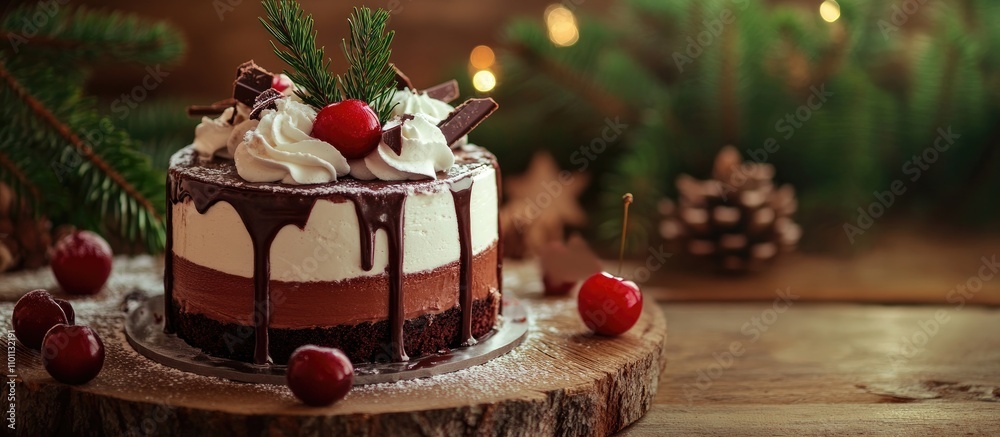Aufkleber cherry and chocolate mousse cake with whipped cream and decorative fir branches on a rustic wooden b