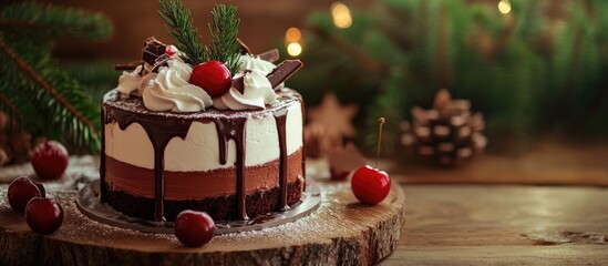 Cherry and chocolate mousse cake with whipped cream and decorative fir branches on a rustic wooden backdrop for festive occasions