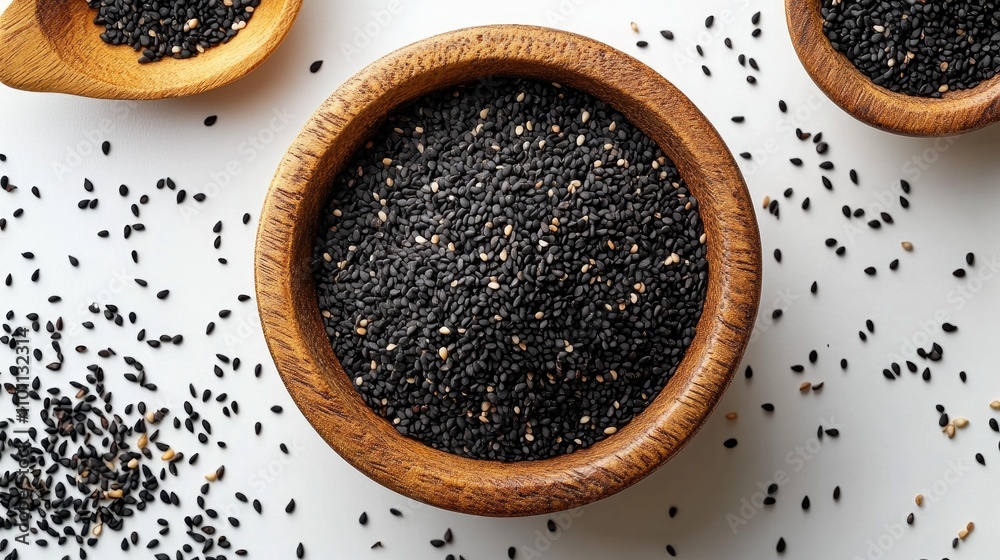 Poster black sesame seeds in wooden bowl with scattered seeds on a white background captured from above sho