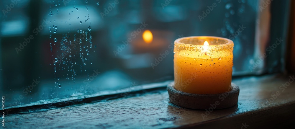 Aufkleber Cozy candle glowing softly in a rainy window setting creating a warm and inviting atmosphere during a chilly evening.