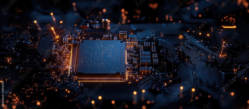 Poster Circuit board close-up showcasing resistors microchips and electronic components illuminated with glowing lights Technology in modern electronics