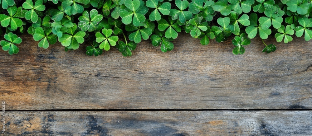 Poster shamrock border on rustic wooden background creating a natural and cozy atmosphere for st. patrick's