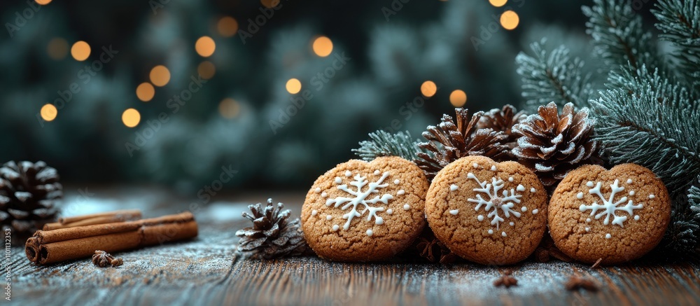 Poster cozy christmas setting with gingerbread cookies pinecones and cinnamon sticks against a wooden backd