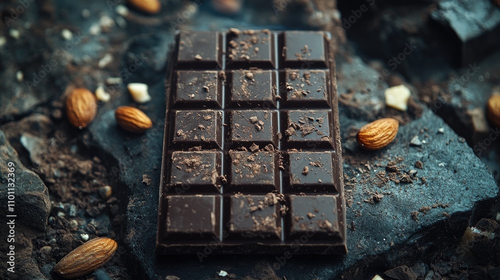 Aufkleber dark chocolate bar with nuts on a rustic background featuring almonds and chocolate shavings for a g