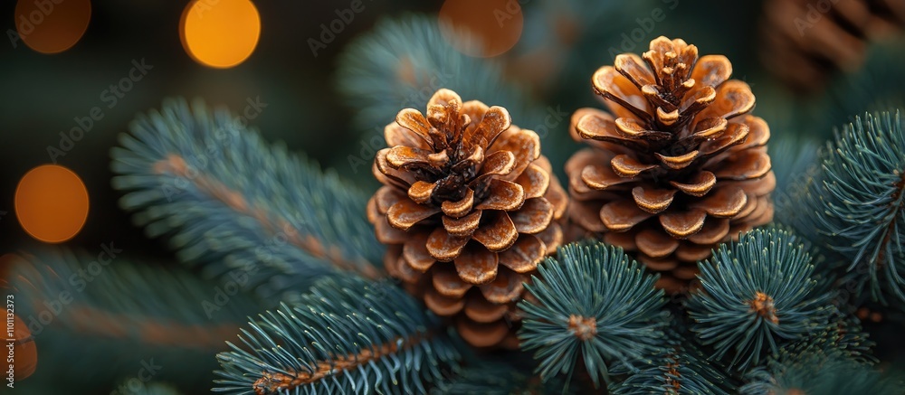 Aufkleber Pine tree branches featuring two pine cones with blurred festive lights in the background creating a warm holiday ambiance.