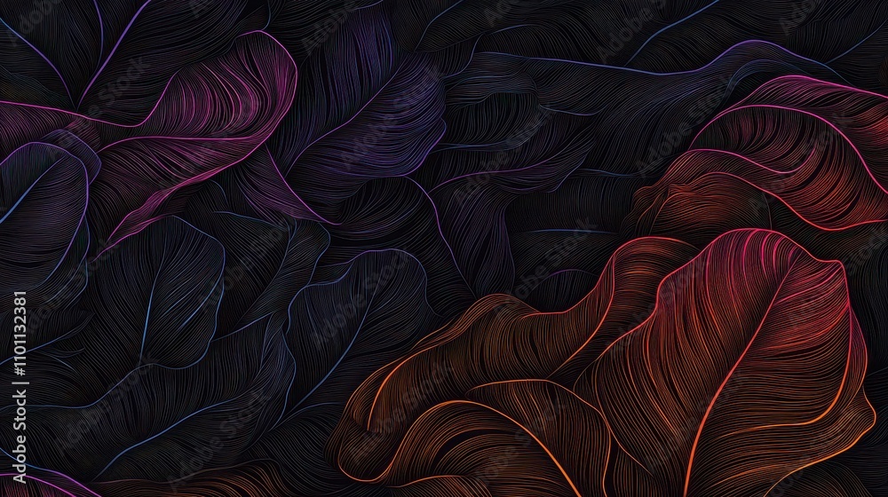 Aufkleber abstract composition featuring flowing, colorful shapes resembling leaves against a dark background,