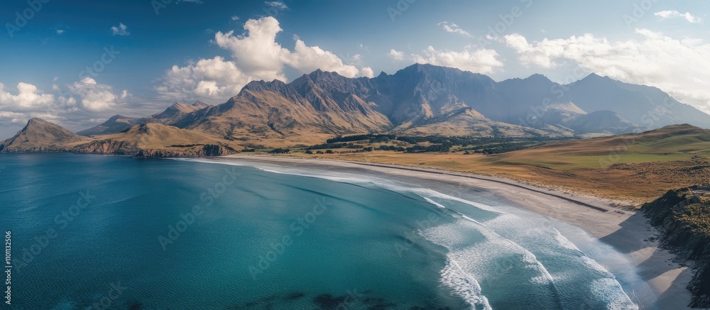 Aufkleber Stunning drone view of a pristine beach with mountains in the background on a clear summer day showcasing nature's beauty and tranquility