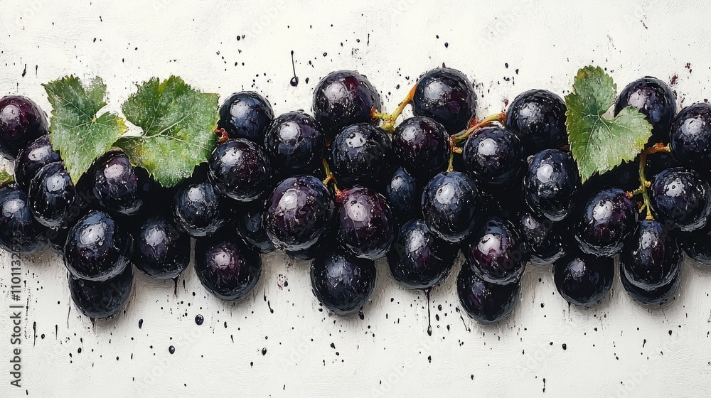 Poster fresh black grapes with green leaves arranged on a light background showcasing their glossy texture 