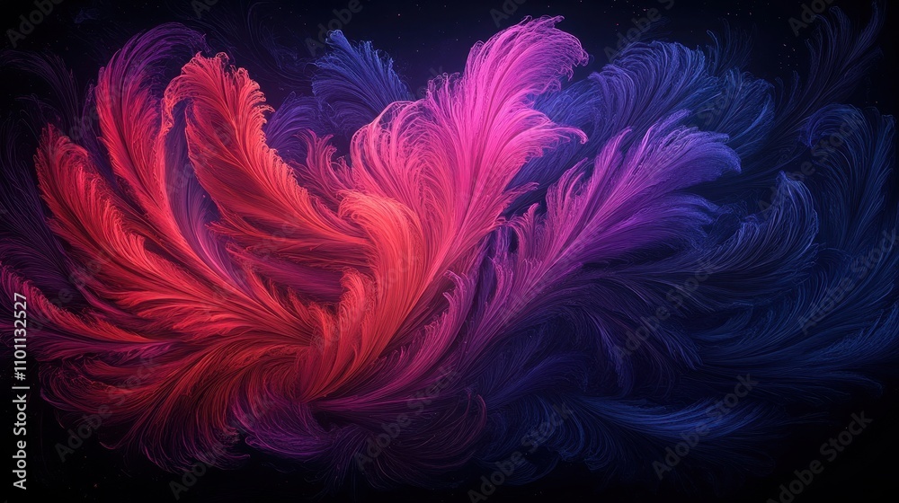 Poster a vibrant abstract design featuring swirling patterns of red, pink, and blue against a dark backgrou