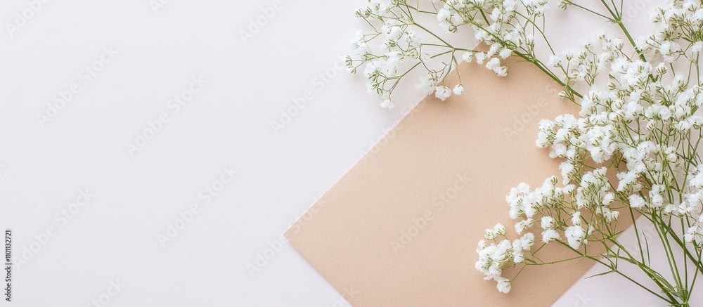 Poster elegant flat lay of a blank card and delicate gypsophila flowers on a light background ideal for inv