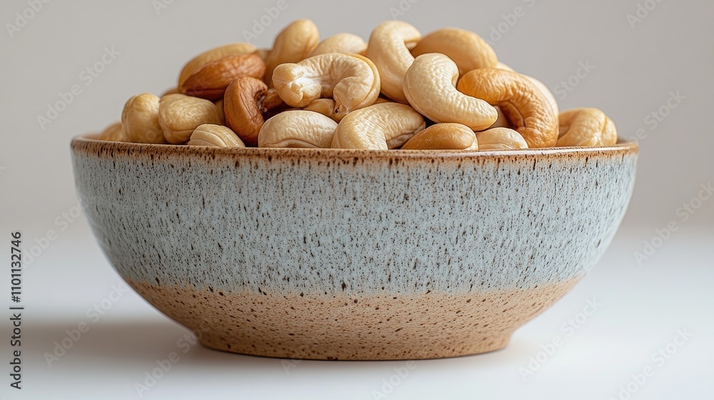 Poster Bowl filled with assorted cashew nuts on a neutral background showcasing their texture and color in a minimalist setting