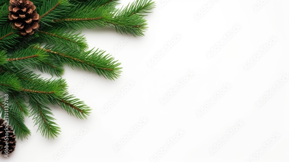 Poster festive christmas background featuring a fir tree branch and pine cones on a clean white backdrop wi