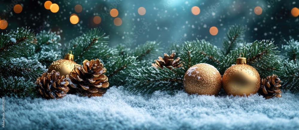 Aufkleber Christmas ornaments and pine cones with snow on green background creating a festive winter atmosphere with blurred lights in the background