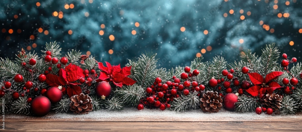 Aufkleber festive christmas scene with red ornaments and greenery on wooden surface against a blurred winter b