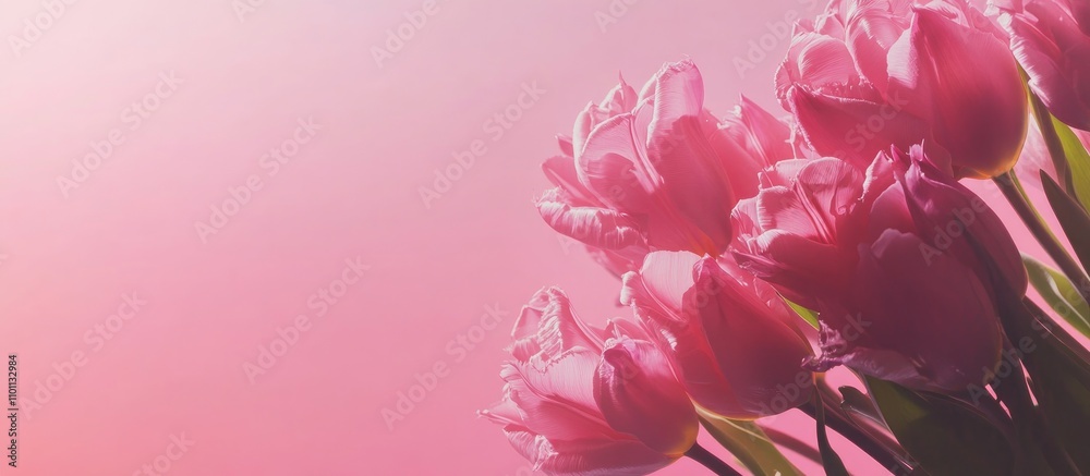 Poster Delicate pink tulip bouquet with soft background for celebration and invitations Aerial view with ample blank space for text
