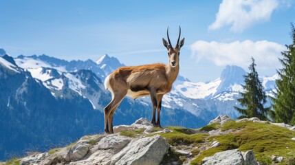 Chamois standing atop rocky terrain with snow-capped mountains in the background under clear blue skies and lush greenery