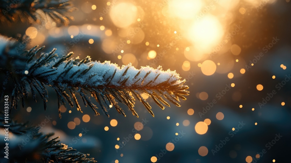 Poster snow-covered christmas tree branches glowing in soft sunlight during winter with bokeh background ef