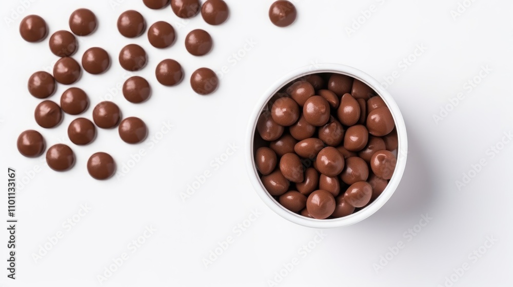 Poster chocolate callets in a white cup on a white background top view flat lay showcasing a rich confectio