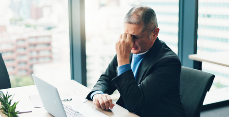 Fail, investing or businessman on laptop with loss, worry and anxiety for taxes or bankruptcy....