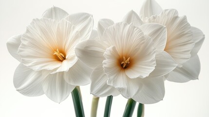 Obraz premium Double white narcissus flowers elegantly arranged against a soft white background showcasing their delicate petals and vibrant centers.