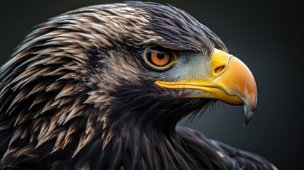 Obraz premium Juvenile Bald Eagle close up portrait showcasing intense gaze and intricate feather details against a dark background