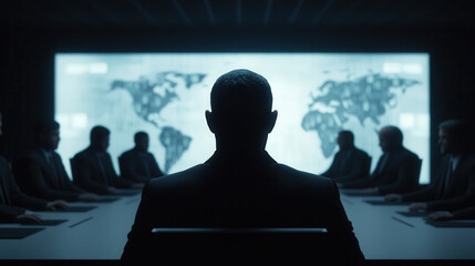 Fototapeta premium Futuristic brainstorming session with silhouettes in sleek conference room, featuring world map backdrop, conveying sense of collaboration and innovation