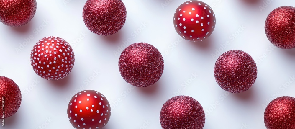 Poster Red Christmas balls with decorative patterns arranged on a white background creating a festive holiday atmosphere for decoration themes.