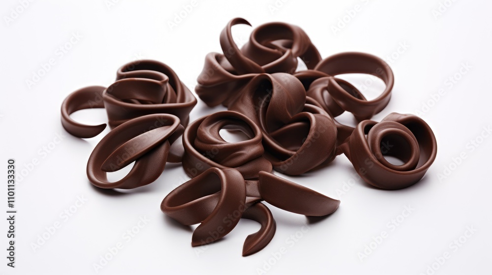 Poster elegant chocolate curls artfully arranged on a clean white background showcasing the rich texture an