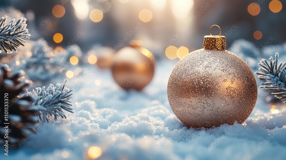 Poster vintage christmas ornaments on snowy backdrop with soft bokeh lights capturing the essence of winter