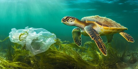 Obraz premium Plastic waste pollution in the ocean is highlighted by disposable gloves entangled with seagrass and a sea turtle swimming beneath the surface amid the plastic waste pollution crisis.
