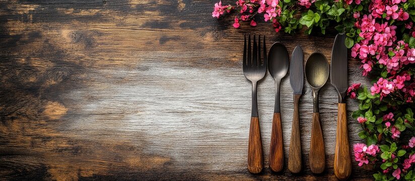 Birds eye view of elegant cutlery arranged on rustic wooden table with vibrant floral accents and ample space for text or branding