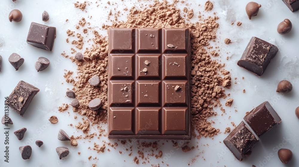 Aufkleber milk chocolate bar surrounded by chocolate chunks and cocoa powder on a white background creating a 