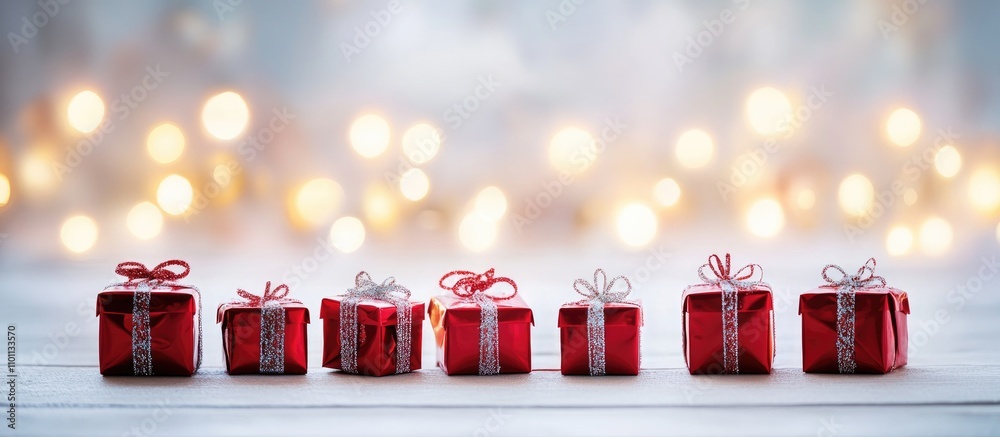 Poster festive background with red gift boxes and soft bokeh lights creating a joyful holiday atmosphere fo