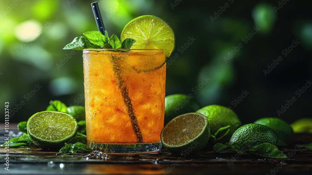 Poster refreshing calamansi lime juice cocktail garnished with mint served in a glass on a rustic wooden ta