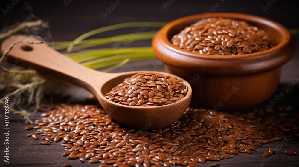 Poster whole brown flax seeds in wooden bowls and spoon on rustic table with natural elements for health an