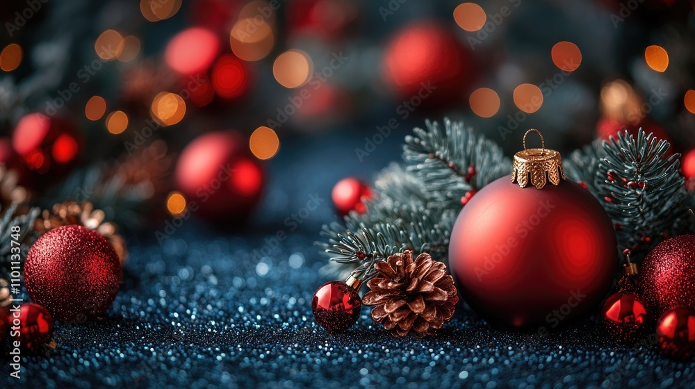 Poster elegant christmas composition featuring red ornaments and pinecones on a glittering backdrop with so