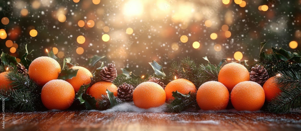 Poster christmas ambiance with tangerines fir lights and snowflakes on rustic wooden background creating a 