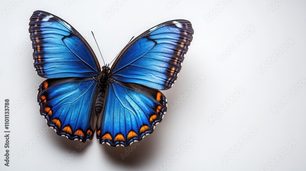 Poster Vibrant Blue Butterfly in Flight with Soft Shadows on a Minimalist White Background