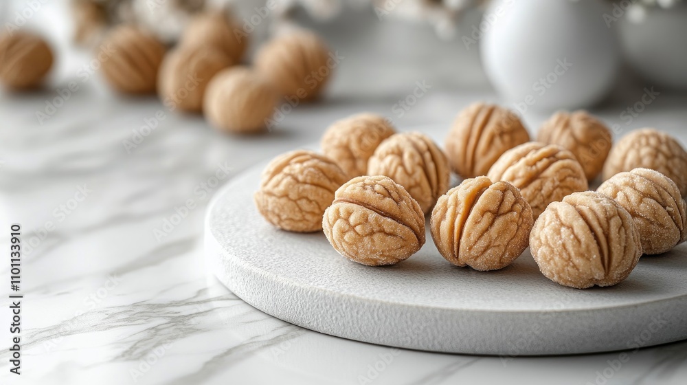 Poster Homemade walnut-shaped sweet biscuits arranged on a ceramic plate with soft shadows and light grey background in a top view setting