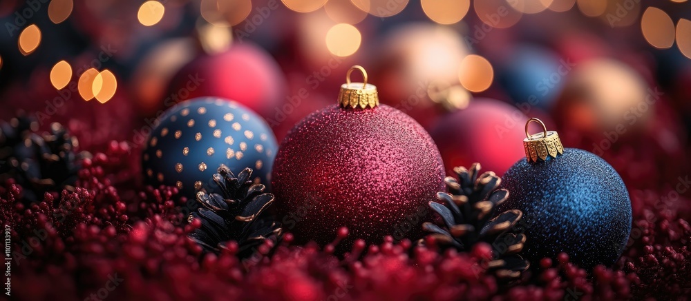 Aufkleber elegant christmas ornaments arranged on a rustic backdrop with warm bokeh lights and pinecones for a