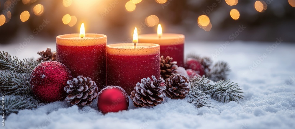 Poster festive christmas candles surrounded by ornaments and pinecones on a snowy surface with soft bokeh l