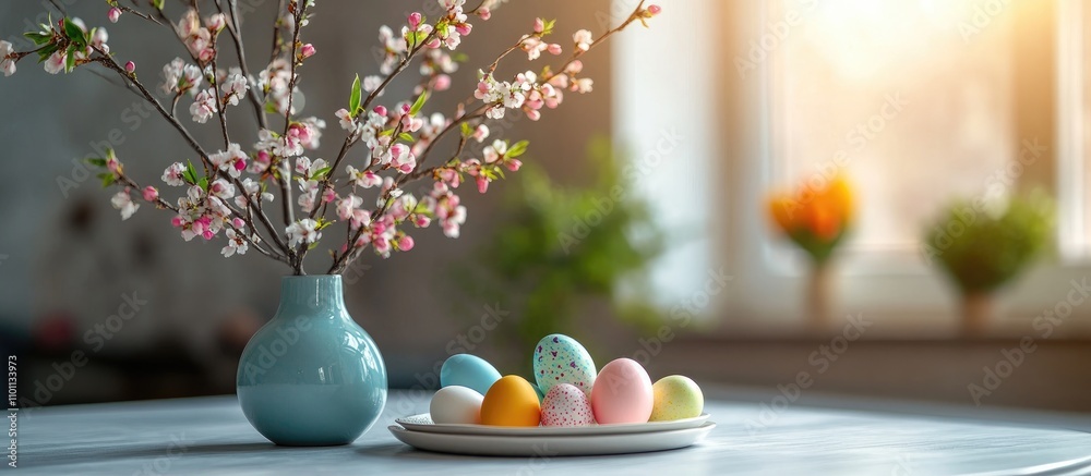 Aufkleber spring celebration at home with blooming branches in a vase and colorful eggs on a plate set against