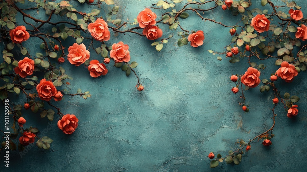 Poster branching roses against a textured teal backdrop creating a vibrant floral arrangement for decorativ
