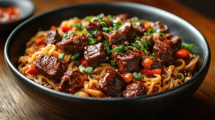 Beef and vegetable stir-fried noodles served in a black bowl garnished with fresh herbs